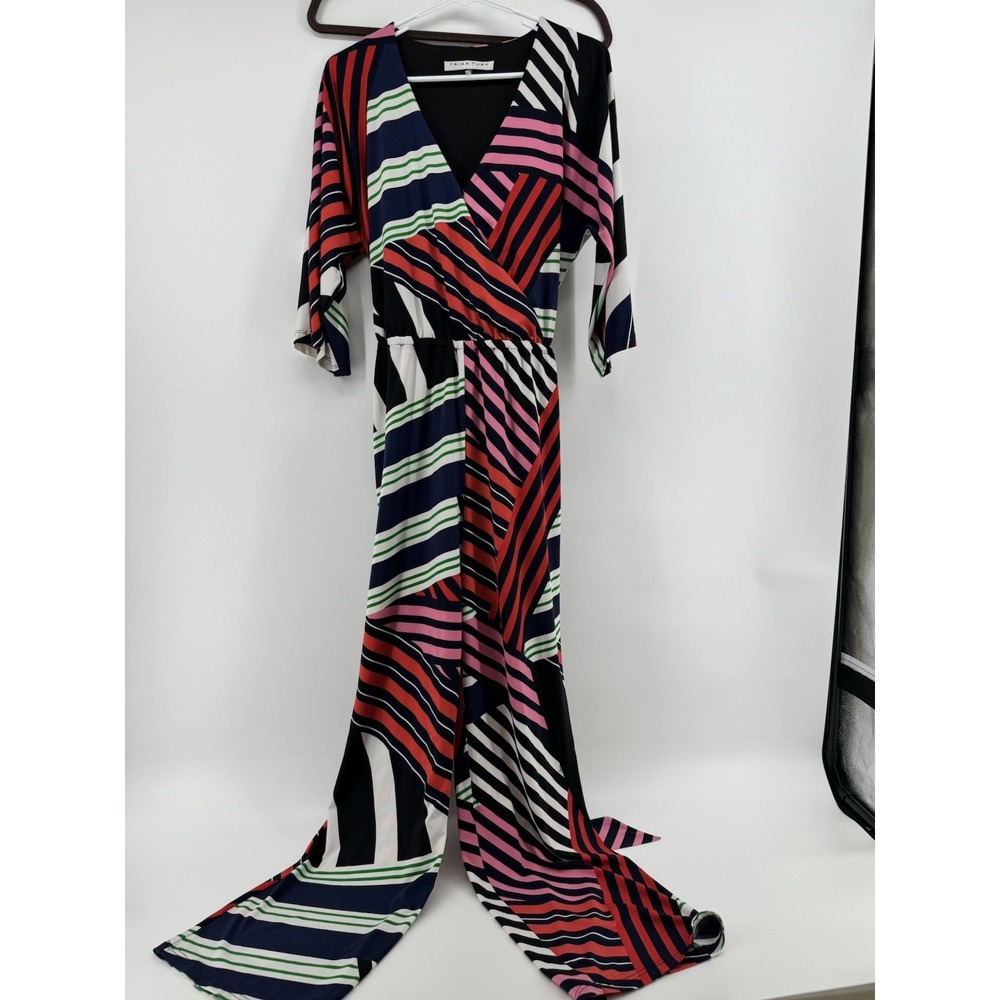 Trina‎ Turk Geometric Jumpsuit Colorful Belted V Neck Size Small
